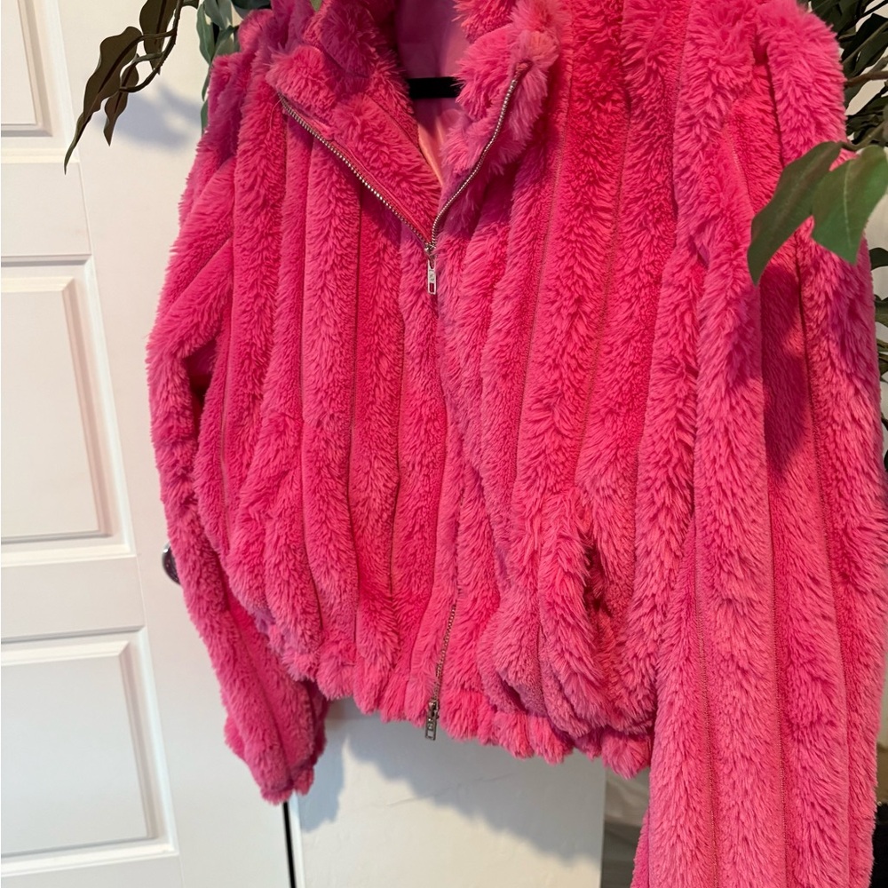 SHEIN Pink Faux Fur Puffer Jacket